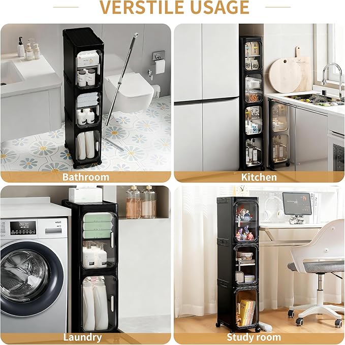 4-Tier Tall Narrow Storage Cabinet with Adjustable Shelves and Movable Wheels, Slim, Bathroom Storage and Organizers for Small Space, Bathroom, Kitchen, Laundry, Black