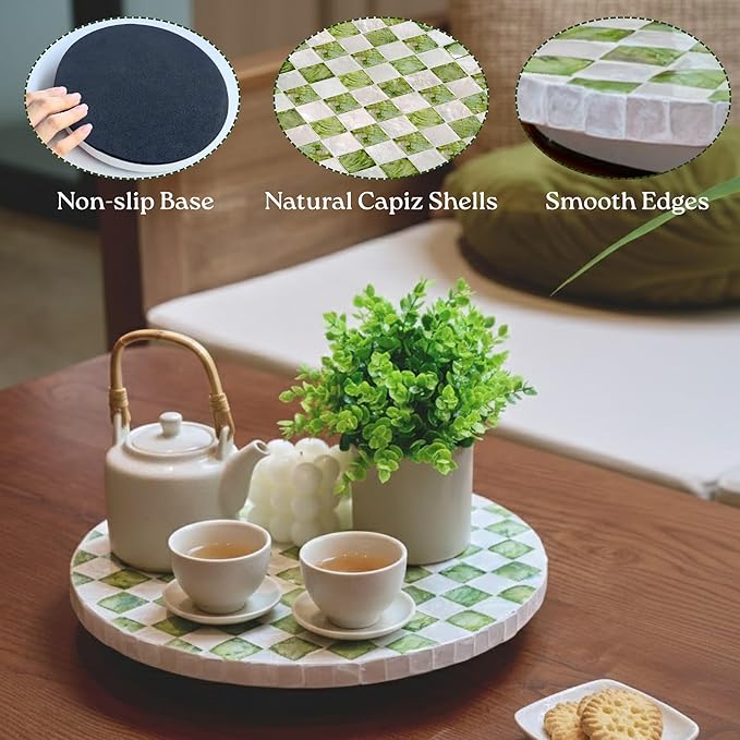 12" Checkered Lazy Susan for Tabletop, Handcrafted Mother of Pearl Turntable Organizer for Kitchen Counter, Coffee Table, Bathroom, Dining or Organizing (Pistachio Green)
