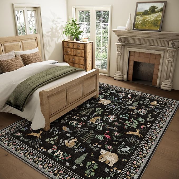 Washable Area Rugs for Living Room: 5x7 Bedroom Rug Vintage Rugs Stain Resistant Non Slip Low Pile Soft Lightweight Indoor Carpet Rug for Kitchen Dining Room Farmhouse Nursery Kids Room Home Office