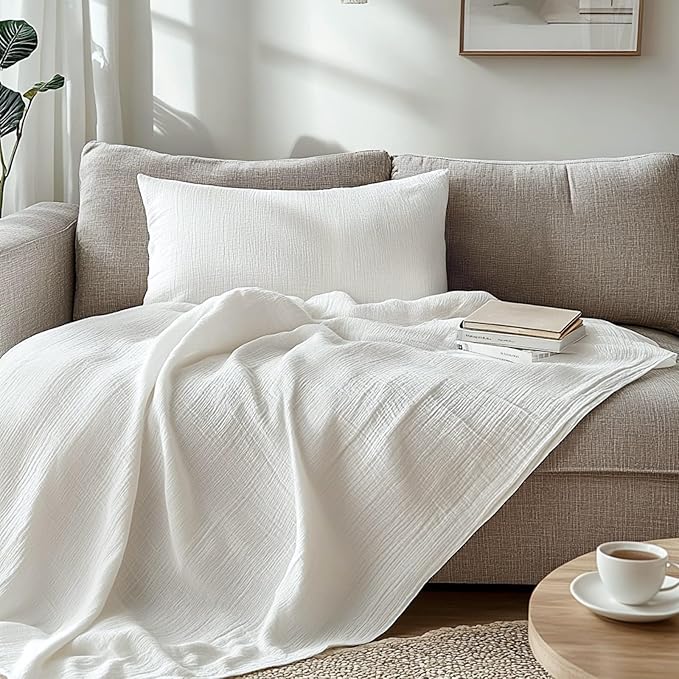 Muslin Blanket 100% Cotton Blanket Throw 60”x80”, Lightweight Breathable Summer Throw. Supersoft 4-Layer Gauze Throw Blanket for Sofa, Couch, Bed, All-Season Use, Ivory