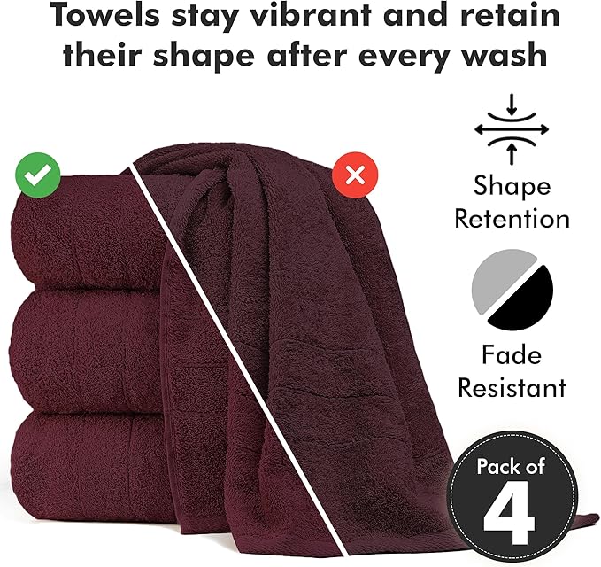 Bath Towels Set of 4 – 100% Cotton Burgundy Extra Large Towels for Bathroom, Spa Use (55x28 in) – Super Soft and Quick Dry Large Bath Sheets for Adults