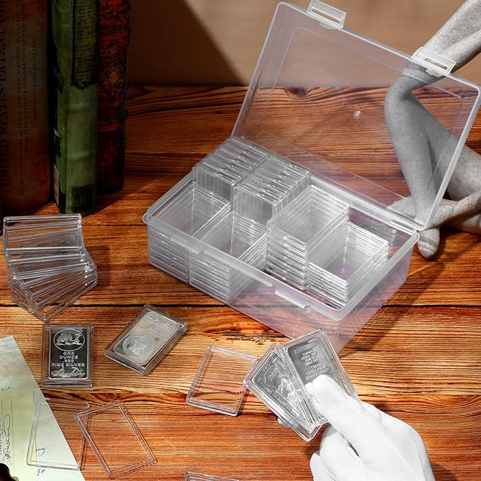 Batiyeer 200 Pcs 1 oz Silver Bar Case Holder Clear Acrylic Bar Capsule Storage Container for 1 Ounce Holder with Plastic Storage Box for Collectors Investors