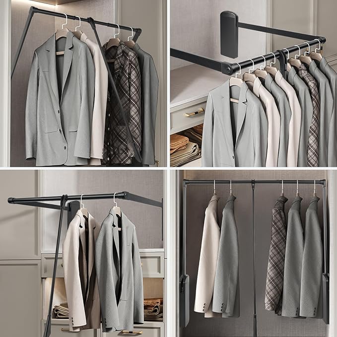 Put Down Closet Rod 2 Pack, Adjustable 26-35 Inch Wardrobe Lift Rail Organizer Two-way Buffering Heavy Duty Wardrobe Hanger for Cabinet, Organizer Storage System Side Mounted, 33 lbs Load Capacity