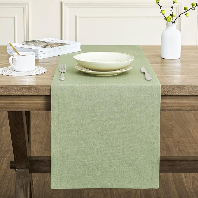 ZeeMart Basic Linen Style Table Runner, 14 x 90 Inch Sage Green, Rustic Farmhouse Green Table Runners 90 Inches Long, Everyday Polyester Table Runner - Machine Washable & Easy Care