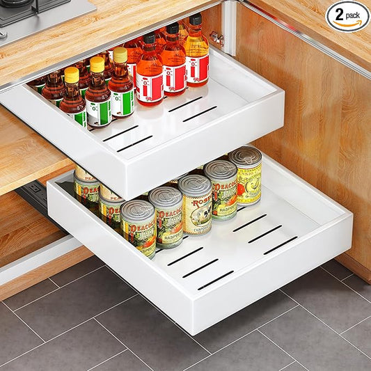 2Pack Pull out Cabinet Organizer, 21"Deep, Heavy Duty Full-extension Slide out Drawers for Kitchen Cabinet, Roll out Shelf Storage with Nano Adhesive for Pots, Bathroom, Pantry, Home, White