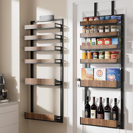 Fulifix Over The Door Pantry Organizer with Solid Wooden Baskets, 6-Tier Pantry Door Organizer Wall Mount, Metal Hanging Spice Rack Organization and Storage for Home, Kitchen, Cabinet