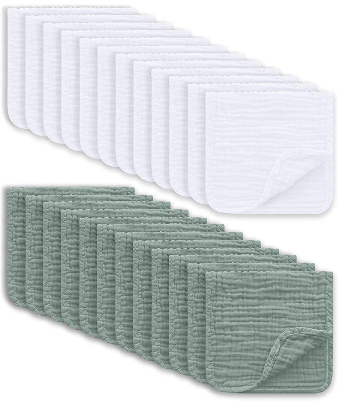 Muslin Burp Cloths Large 100% Cotton Hand Washcloths for Boys & Girls, Baby Essentials Extra Absorbent and Soft Burping Rags for Newborn Registry (White & Green, 24-Pack, 20" X10")