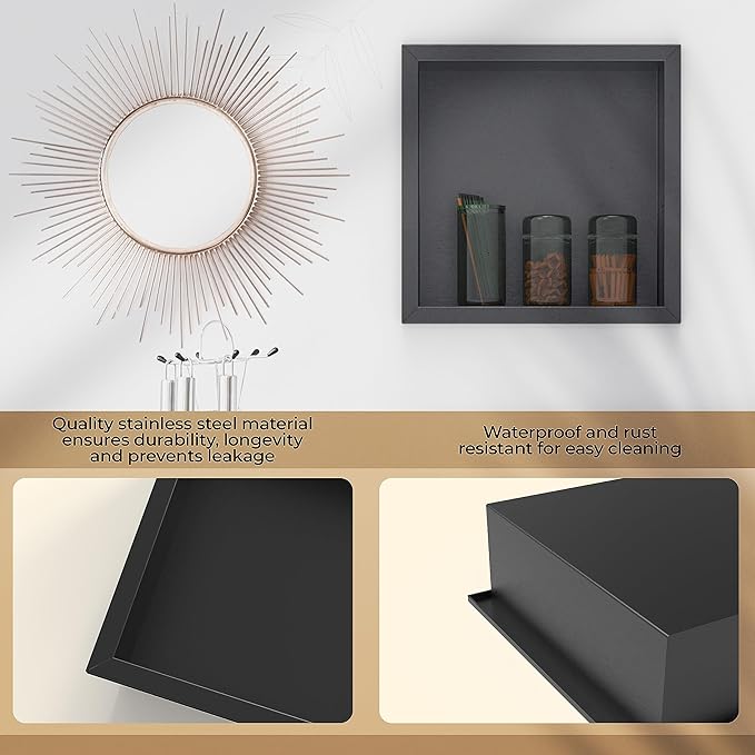12"x12" Shower Niche Matte black stainless steel waterproof recessed wall mounted Insert Storage Shower caddy with a 10.5"x10.5" inside storage usage, no tile needed