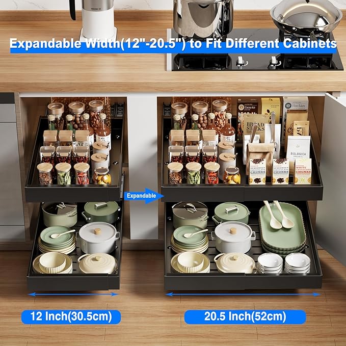 2 Pack Pull Out Cabinet Organizer Expandable, 21"Deep Slide Out Drawer for Cabinets Adhesive Pull Out Drawers Heavy Duty Pull Out Shelves for Kitchen, Cupboard, Pantry, Bathroom(Black)