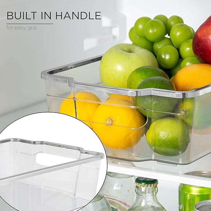 SIMPLEMADE Clear Refrigerator Organizer Bins - Clear Bins for Fridge, Containers for Fridge and Freezer, Multipurpose Storage for Kitchen, Office, Bathroom, Silver Rim (8" x 12")