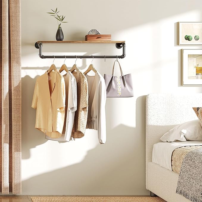 Pipe Clothes Rack, 31.5 in Wall Mounted Garment Rack with Top Shelf, Industrial Clothing Rack with Hanging Rod, Heavy Duty Detachable, Space Saver Hanging Clothes Rack, Rustic Brown FS08BRY1