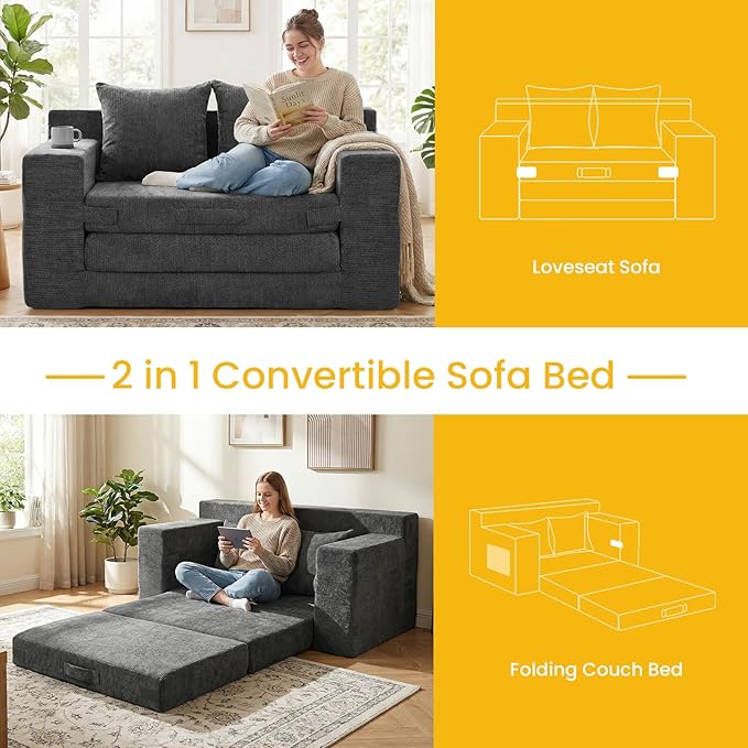 Boneless Loveseat Sleeper Sofa Bed: 3-in-1 Convertible Sofa Bed with Side Pockets & Handle,Pull Out Couch with 2 Pillows,Folding Futon for Small Space,Living Room & Bedroom,Chenille Fabric,No Assembly