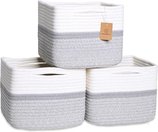 Storage Cubes 9”x9”x7”Cotton Rope Woven Baskets for Organizing 3-Pack — 9 Inch Cube Storage Bin — Small Basket for Shelf Nursery, Pantry, Decorative Plant, Bathroom Closet, Toy Gift