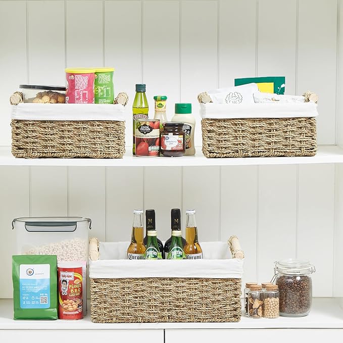 Vagusicc Wicker Storage Basket, 3-Packs Seagrass Storage Baskets for Organizing, Large Cube Storage Organizer Baskets Bins with Handles for Shelves Decor, Small Toilet Paper Storage Basket (Seagrass)