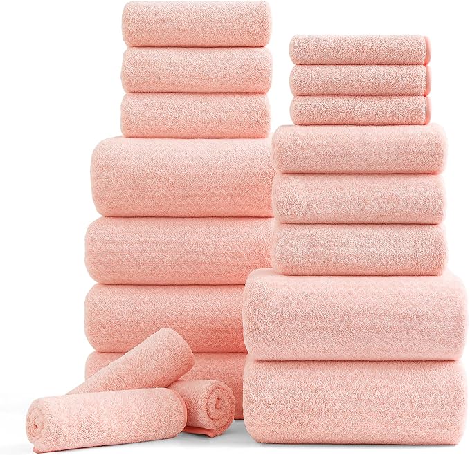 18 Piece Bath Towels Set,100% Microfiber Family Bathroom Towel with Hanging Loops-6 Bath Towels,6 Hand Towels,6 Washcloths,Quick Dry Highly Absorbent Shower Towel for Bathroom,Hotel,Spa-Pink