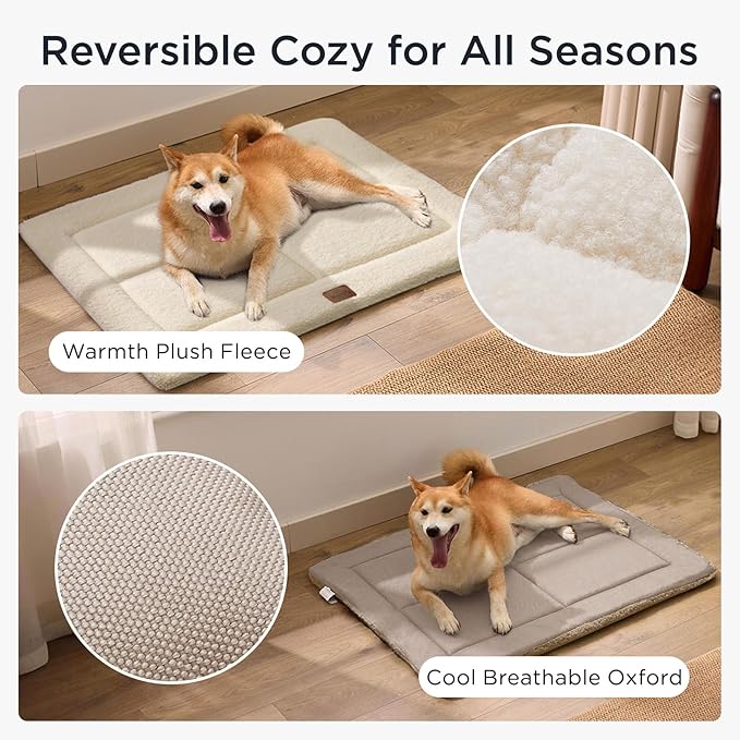 Reversible Dog Crate Pad Bed for Large Dogs,Washable & Non-Slip Kennel Pet Mat, High Density Foam and Soft Fleece Cat Bed for Indoor & Outdoor Use, 41" x 28", Cream White