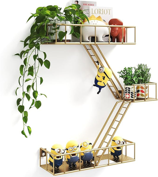 Fire Escape Shelf - 3 Tier Metal Glod Fire Escape Wall Shelves with Baskets, New York Action Figurine Display Shelf, Unique Rustic Floating Decorative Wall Shelves for Any Room