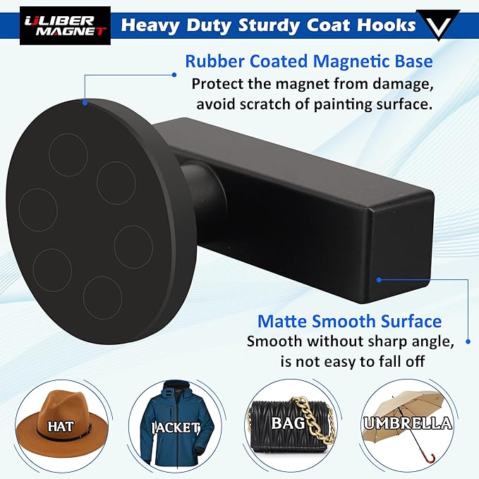 ULIBERMAGNET Magnetic Coat Hooks,2 Pack Heavy Duty Magnet Hook for Metal,Door,Cruise Cabinet,Refrigerator, Locker,Rubber Magnet Hook for Towel,Coat,Bag,Umbrella