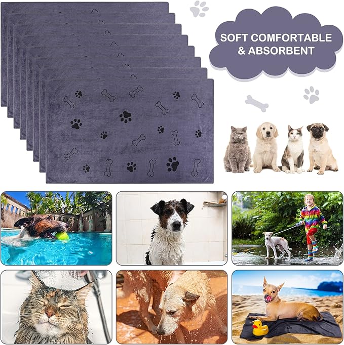 8 Pcs Dog Towels for Drying Dogs Cats Pet Towels Bulk Puppy Microfiber Quick Drying Paw Bath Bathing Supplies Absorbent for Medium Pets(Gray,40 x 24 Inch)