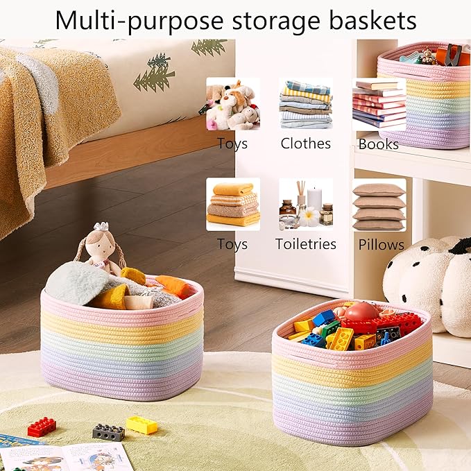 Rainbow Rope Basket for Storage 4 Pack Baskets for Shelves Woven Toy Storage Bins for Nursery Kids in Classroom 12.7"Lx9"Wx7.9"H Pastel Rainbow