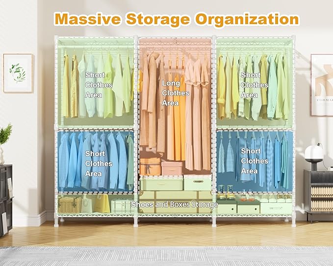 E14C Pro Heavy Duty Closet Organizer System，Freestanding Clothing Racks for Hanging Clothes，Adjustable Garment Rack 70.1"W × 16.6"D × 76.4"H Hold 960 lbs，White Rack with Black Dustproof Cover