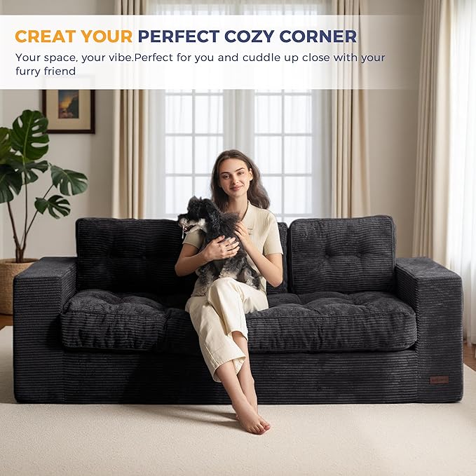 MAXYOYO Oversized Loveseat Sofa Couch, Upholstered Bean Bag Chair Cloud 3-Seat for Adults, Boneless Couch with Tufted Cushion & Pillows, Sofa in A Box, No Assembly Required, Black
