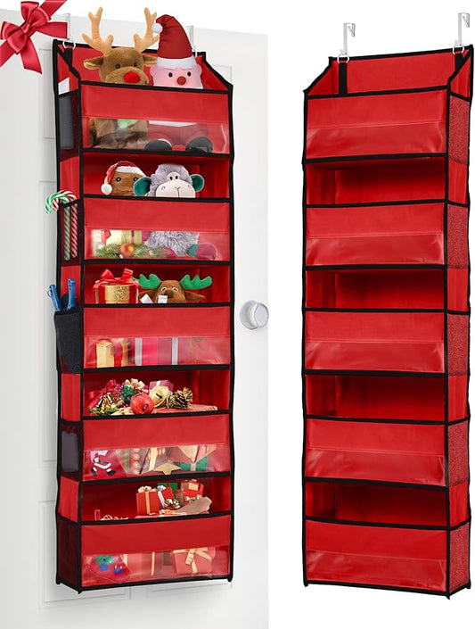 1 Pack Over The Door Organizer – 5 Shelf Door Organizer Hanging & 10 Side Pockets, Reinforced 44LB Capacity Hanging Organizer, Behind The Door Storage for Bedroom, Nursery, Christmas (Red)