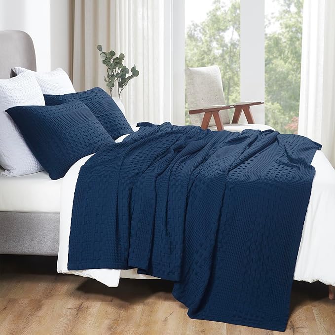 VHC Brands 100% Cotton Waffle Weave Twin Blanket 66"x90", Decorative Lightweight Spring and Summer Throw Blanket, Bedroom Decor for Bed, Couch, or Sofa, Navy