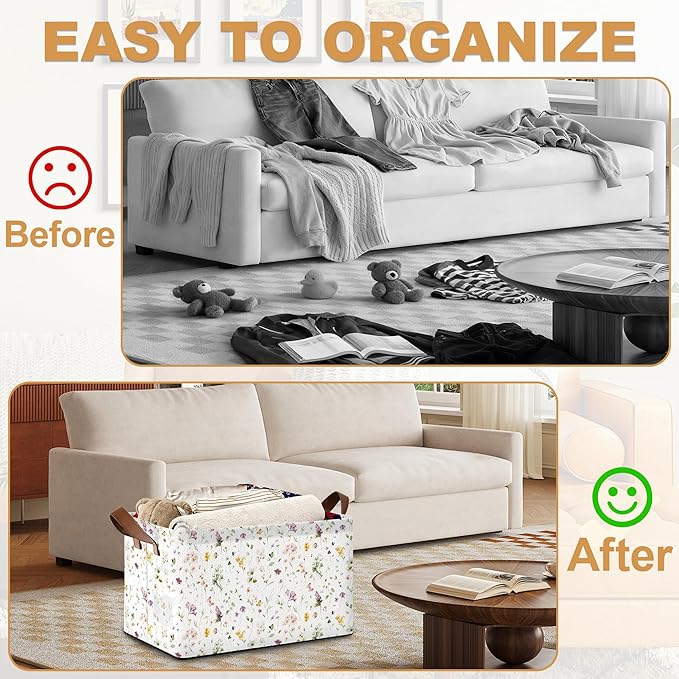32L Large Storage Bins with Handles, Basket Organizer for Shelves, Closet, Books, Laundry & Home Decor (Meadow Flower)