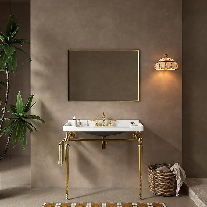 36" Bathroom Console Sink, Wall-Mounted White Ceramic Vanity Basin with 3 Pre-drilled Faucet Holes, Freestanding Gold Stainless Steel Support Legs with Towel Bar, No Faucet - Rome, White