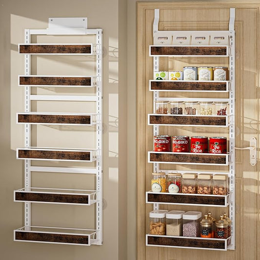 6 Tier Over The Door Pantry Orangizer 2 IN 1 Wall Mounted or Hanging Spice Rack with Adjustable Wood Basket,Heavy Duty Seasoning Storage Shelf for Kitchen Pantry and Bathroom