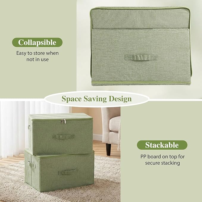 ANMINY 3PCS Storage Bins with Zipper Lids 51.9 Qt Lidded Fabric Storage Boxes Baskets Cubes with Handles Collapsible Washable Cotton Linen Closet Shelf Clothes Organizer - Green, Extra Large