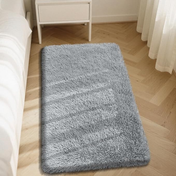 Fluffy Rug Shaggy Area Rug, Grey 2x4 Area Rugs for Bedroom, Small Bedside Rug, Soft Fluffy Shaggy Entryway Throw Rugs for Living Room Bedroom Kids Room Home Decor