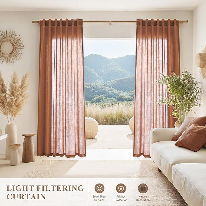 Joywell Terracotta Back Tab Linen Curtains 90 Inches Long 2 Panels for Living Room Bedroom Neutral Boho Farmhouse Rustic Light Filtering Semi Sheer Curtains Window Treatment 52x90