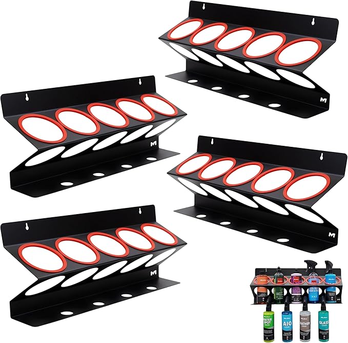 Universal Detailing Spray Bottle Holder (4-Pack) – Mobile Detailing & Car Garage Organizer, Holds 5 Bottles (16/32oz) with 4 Small Holes – Lightweight Design, Easy Wall Mounting