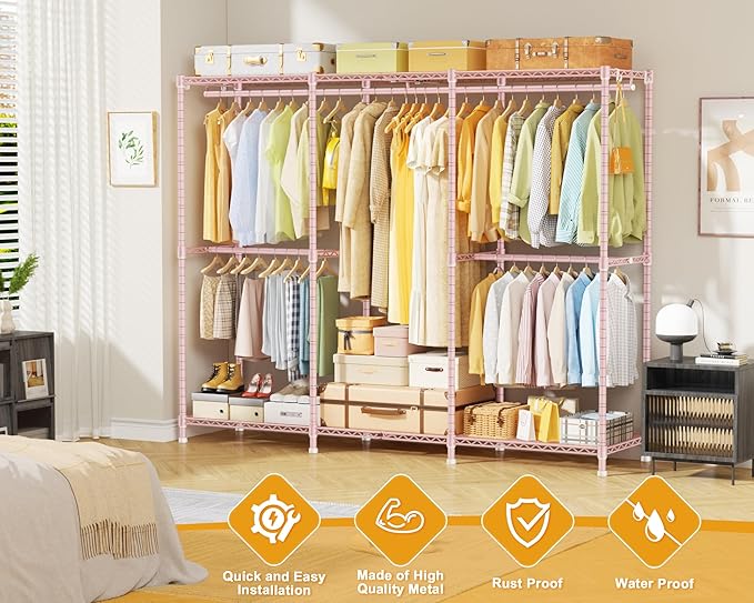 E14 Pro Heavy Duty Clothes Rack，Freestanding Clothing Racks for Hanging Clothes，Adjustable Closet Organizers and Storage，Metal Garment Rack with Shelves 69"W x16"D x77"H，Max Load 960LBS，Pink