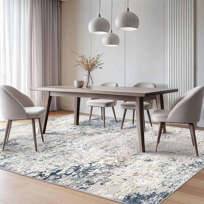 Area Rug Living Room Rugs - 5x7 Abstract Large Soft Indoor Washable Rug Neutral Modern Low Pile Carpet for Bedroom Dining Room Farmhouse Home Office - Beige Blue