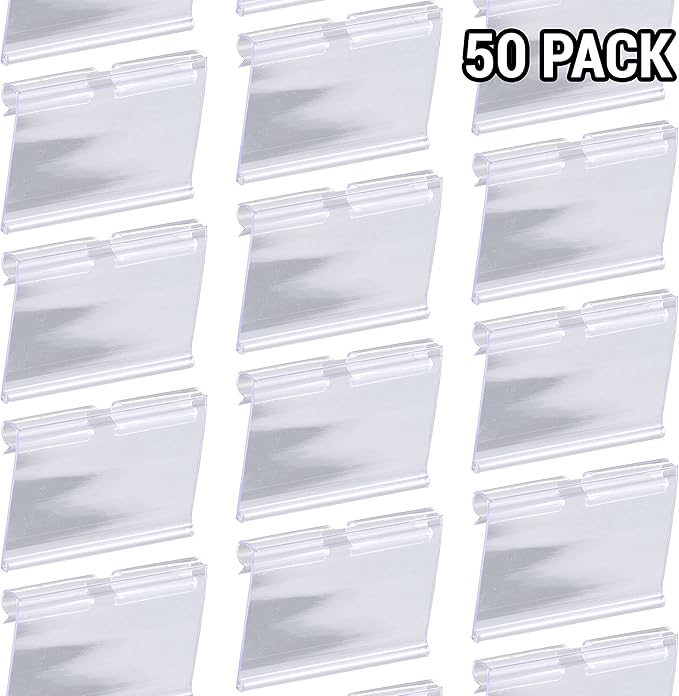 50 Pack Plastic Label Holders Clear Wire Shelf Label Holder Retail Price Card Clip On Merchandise Sign Display Tag Clips for Retail Shop Pantry Store Supermarket Wire Shelf Storage Basket Bin 6x4.2cm