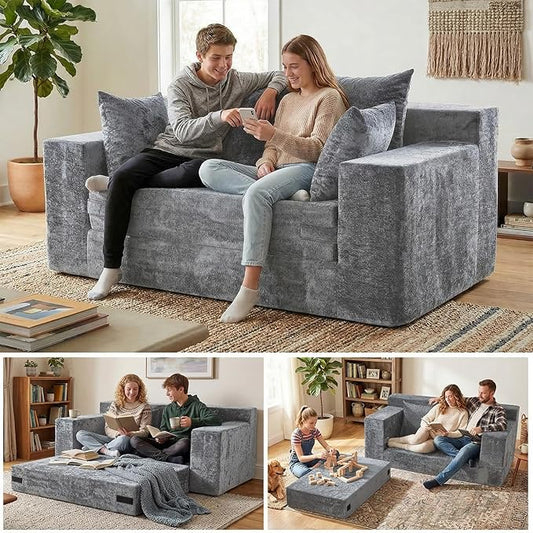 Convertible Sofa Bed, 5 in 1 Small Boneless Couch Pull Out Loveseat Sleeper Sofa,Corduroy Futon Couch Folding Mattress with 4 Pillows for Living Room Bedroom Lounge (No Assembly)