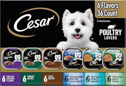 Cesar Classic Loaf in Sauce Adult Wet Dog Food Poultry Lovers Variety Pack with Real Chicken, Turkey or Duck, 3.5 oz. Easy Peel Trays, Pack of 36