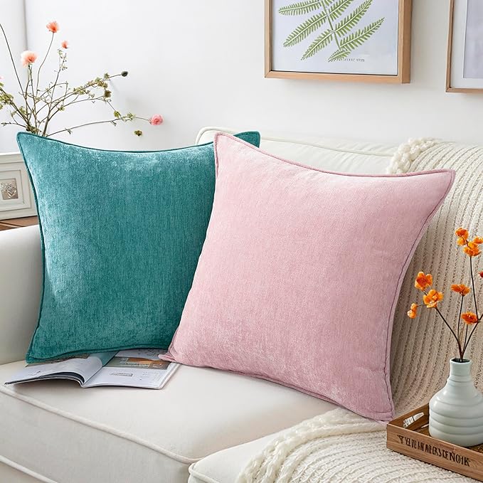 decorUhome Spring Couch Euro Sham Throw Pillow Covers 24x24 Set of 2, Decorative Soft Velvet Modern Cozy Chenille Pillow Cases with Elegant Design for Sofa Bed Living Room Home Decor, Teal