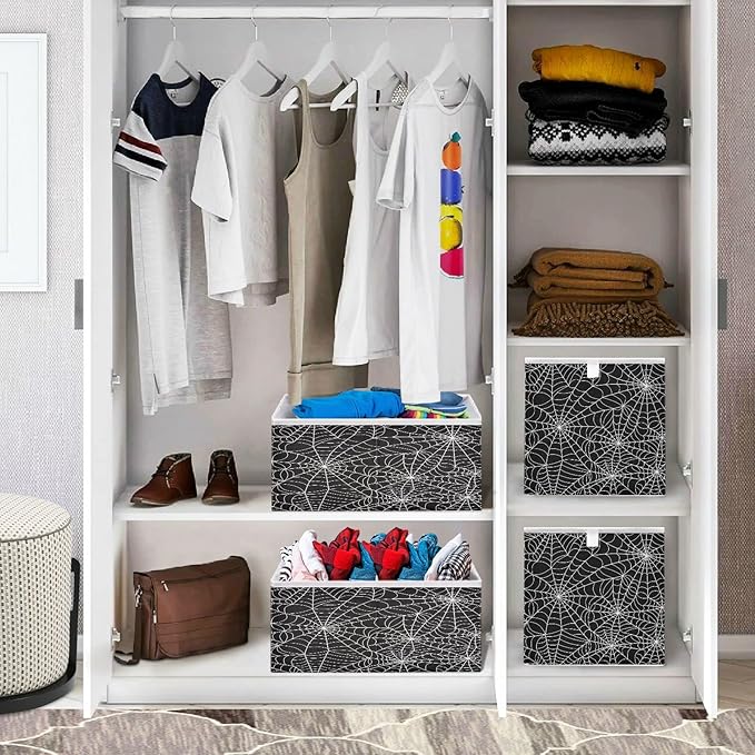 Bolaz Halloween Gray Spider Web Closet Organizers Storage Cubes Storage Bins Shelf Baskets Containers for Home Kids Room Toys Office,Square