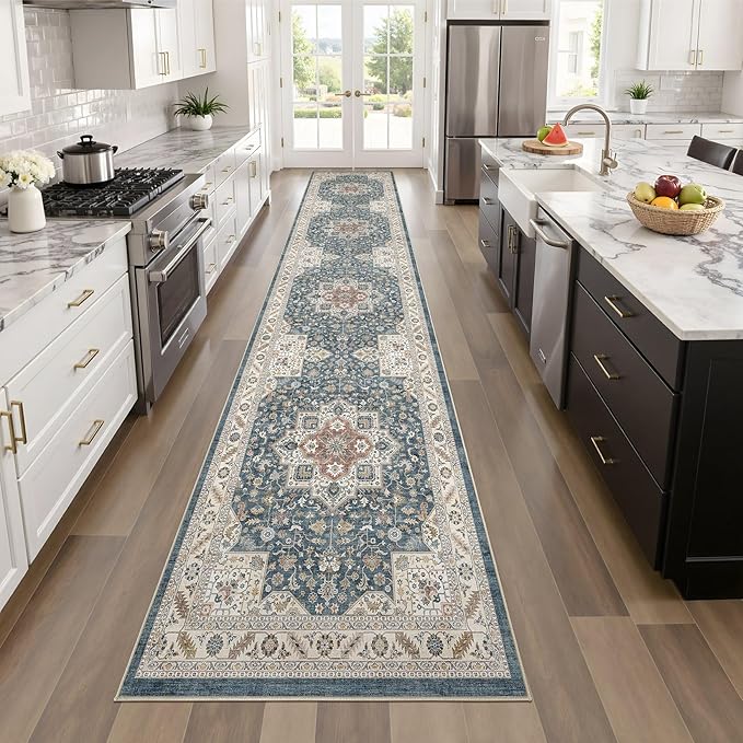 Vintage Hallway Runner Rug 2x10: Large Soft Washable Entryway for Kitchen Laundry Room Non-Slip Backing Runner for Entrance Living Room Bedroom Bathroom - Vintage Blue