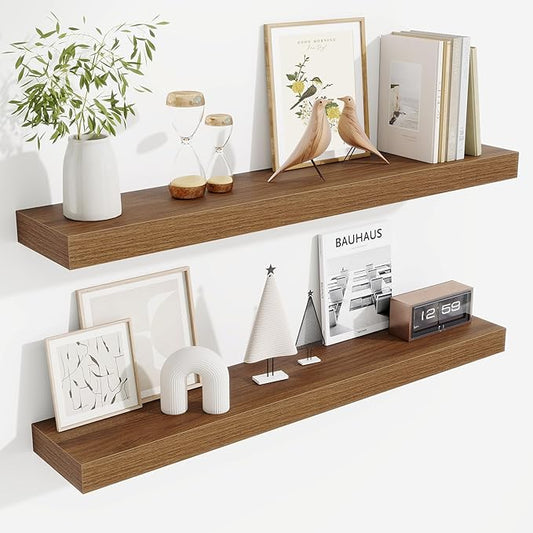 Fun Memories Floating Shelves for Room Wall, 36 Inch Long Shelf Set of 2， Hanging Wood Shelves for Storage & Display, Walnut
