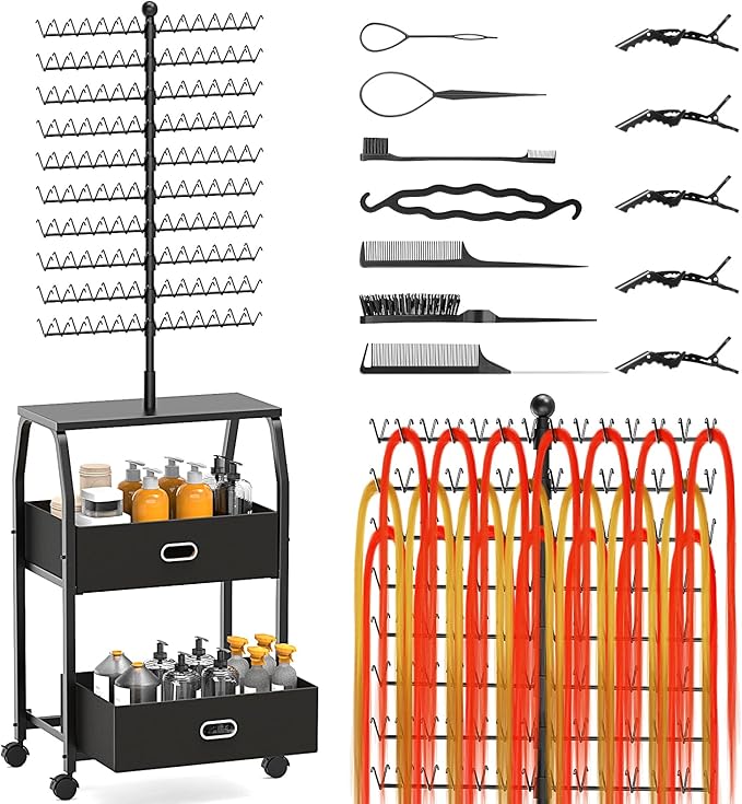 Portable Braiding Hair Rack with Wheels & Storage Drawers,280 Pegs Hair Extension Holder Hanger for Braiding Hair Separator Stand Display,Hair Rack with Stylist Hair braiding Tools(Black)