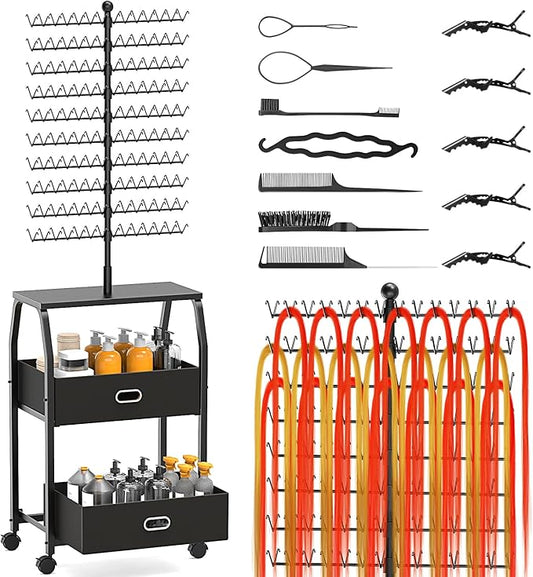 Portable Braiding Hair Rack with Wheels & Storage Drawers,280 Pegs Hair Extension Holder Hanger for Braiding Hair Separator Stand Display,Hair Rack with Stylist Hair braiding Tools(Black)