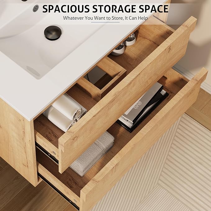 eclife 36" Floating Bathroom Vanity Sink Combo, Wall Mounted Modern Minimalist Storage Cabinet with 2 Drawers, Include Sink, Faucet & Drain, Natural