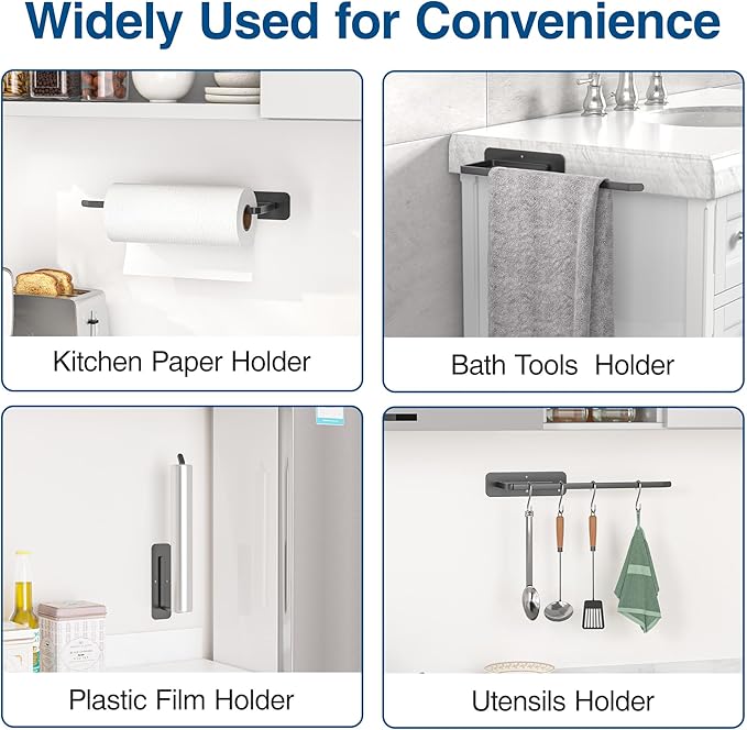 Paper Towel Holder Under Cabinet - Both Available in Adhesive and Drilling - Black Paper Towel Holder Wall Mount - Upgraded Aluminum Paper Towel Rack for Kitchen, Bathroom