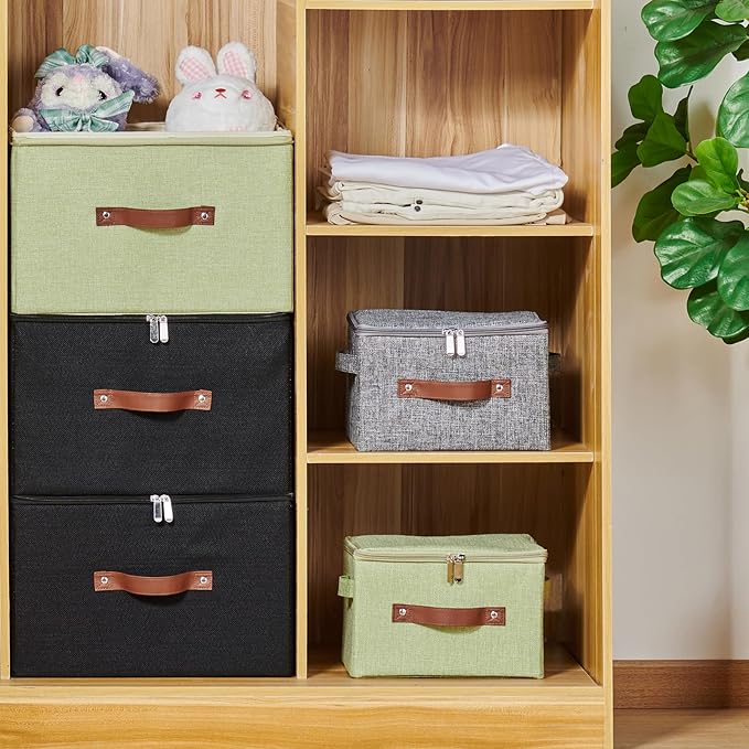 2 Pack Storage Bins with Zipper Lid Cotton Linen Fabric Lidded Storage Baskets Boxes Foldable Washable Closet Shelf Clothes Organizer Container with PU Leather Handles (Black, Large Size)