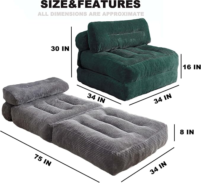 Kisoy Folding Sofa Bed, Convertible Sleeper Chair Couch Bed Faux Rabbit Fur for Adults, with Back Support Floor Couch Comfy Floor Sofa for Living Room Bedroom, Dark Green, Single